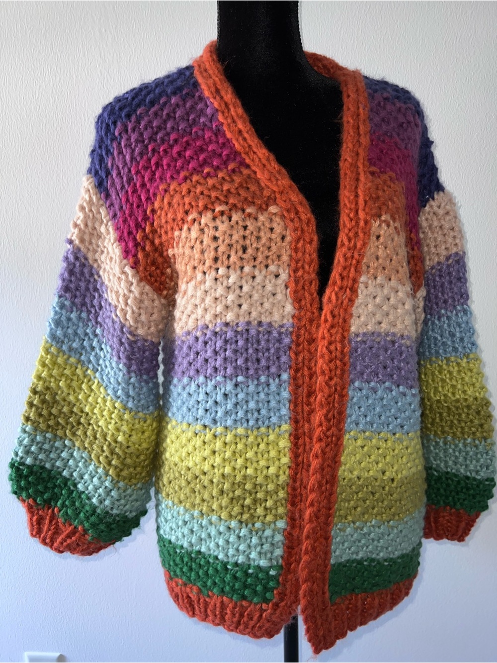 Anthropologie FRNCH Multicolor Striped Chunky Knit Cardigan with Orange Trim